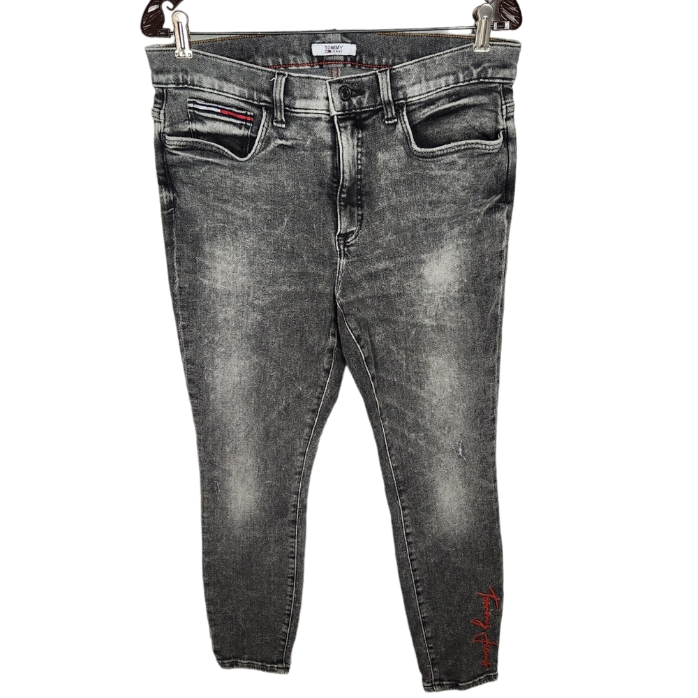 Tommy Jeans Women's 12 Gray Stone Wash Distressed Jeans Embroidered Name On Leg